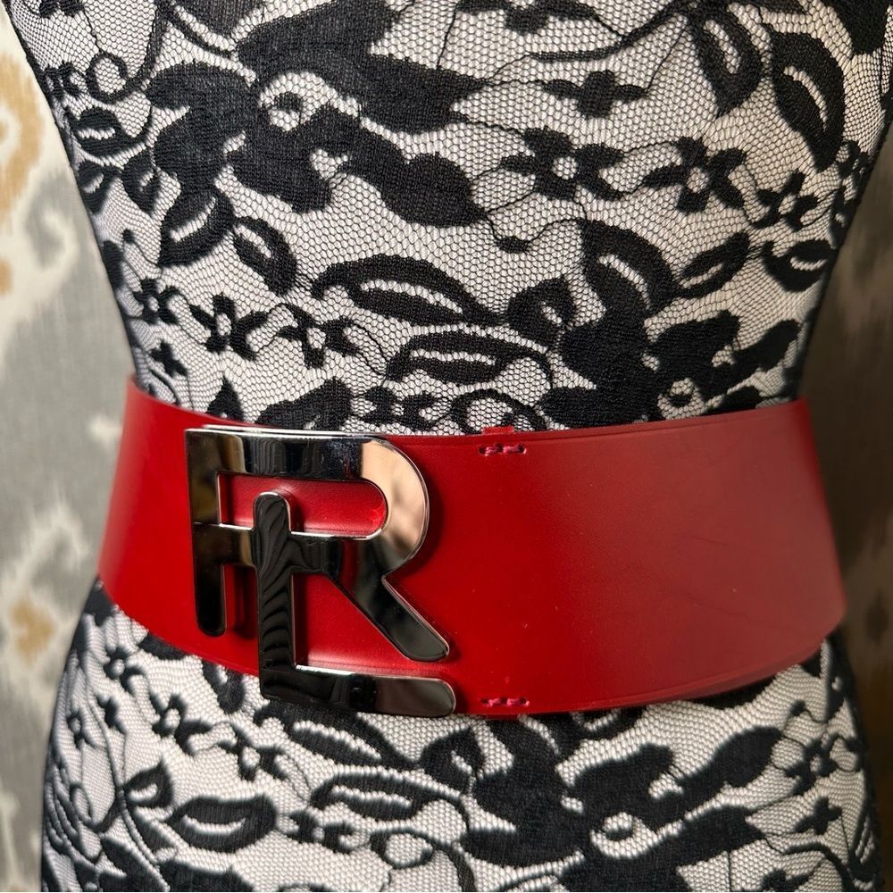Ralph Lauren Collection Wide Stacked RL Monogram Buckle Cherry Calfskin Belt
